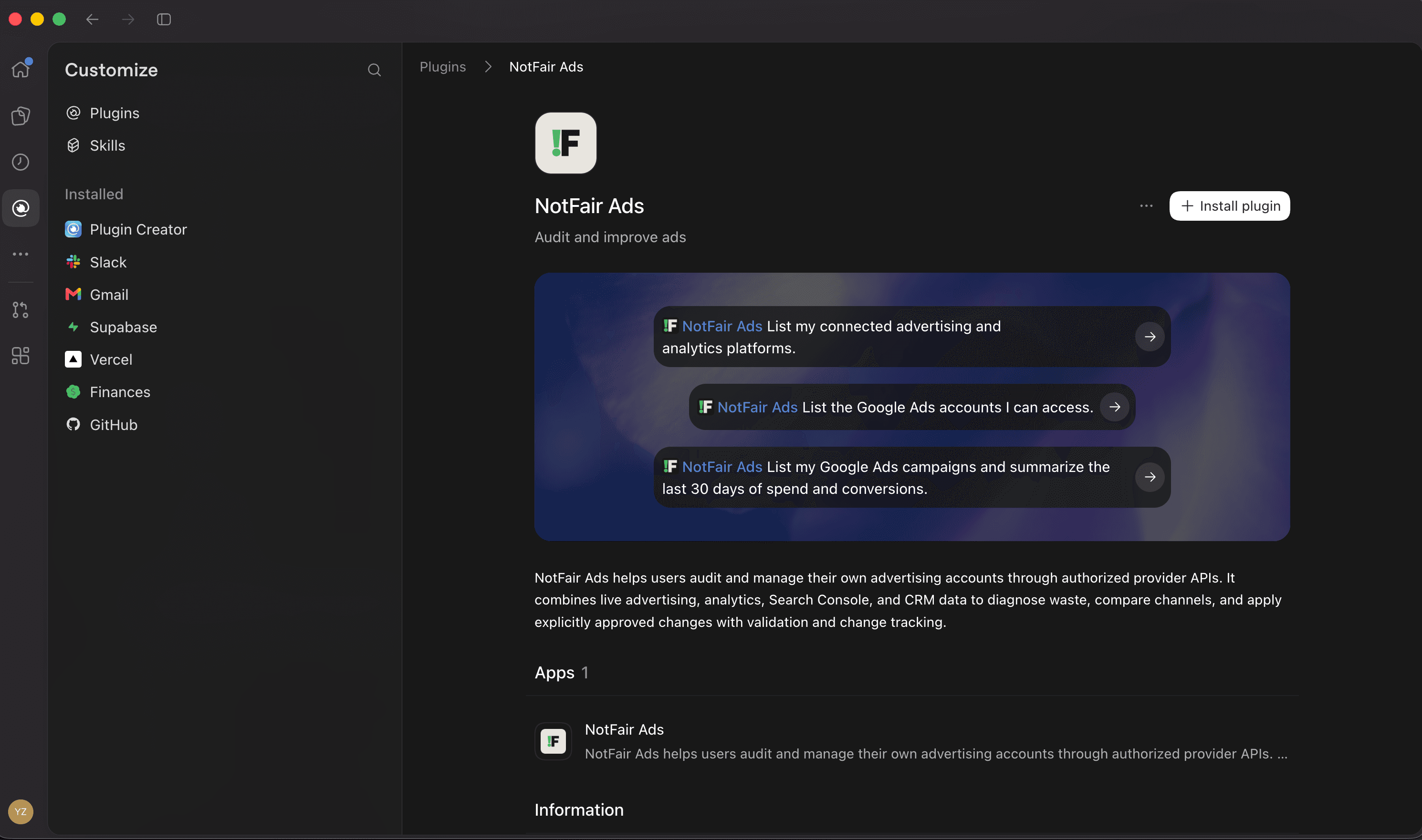 NotFair Ads listing in ChatGPT showing the Install plugin button