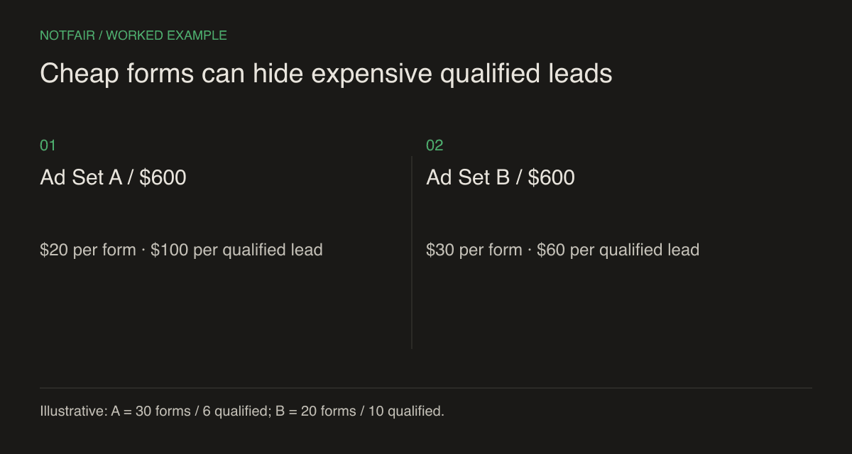 Illustrative comparison: A costs $20 per form and $100 per qualified lead; B costs $30 per form and $60 per qualified lead. Both spend $600.