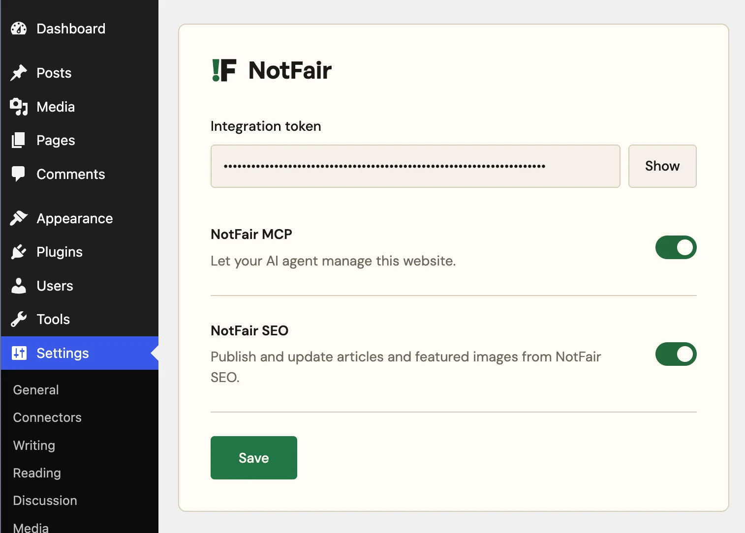 NotFair settings in WordPress showing a masked integration token and enabled MCP switch