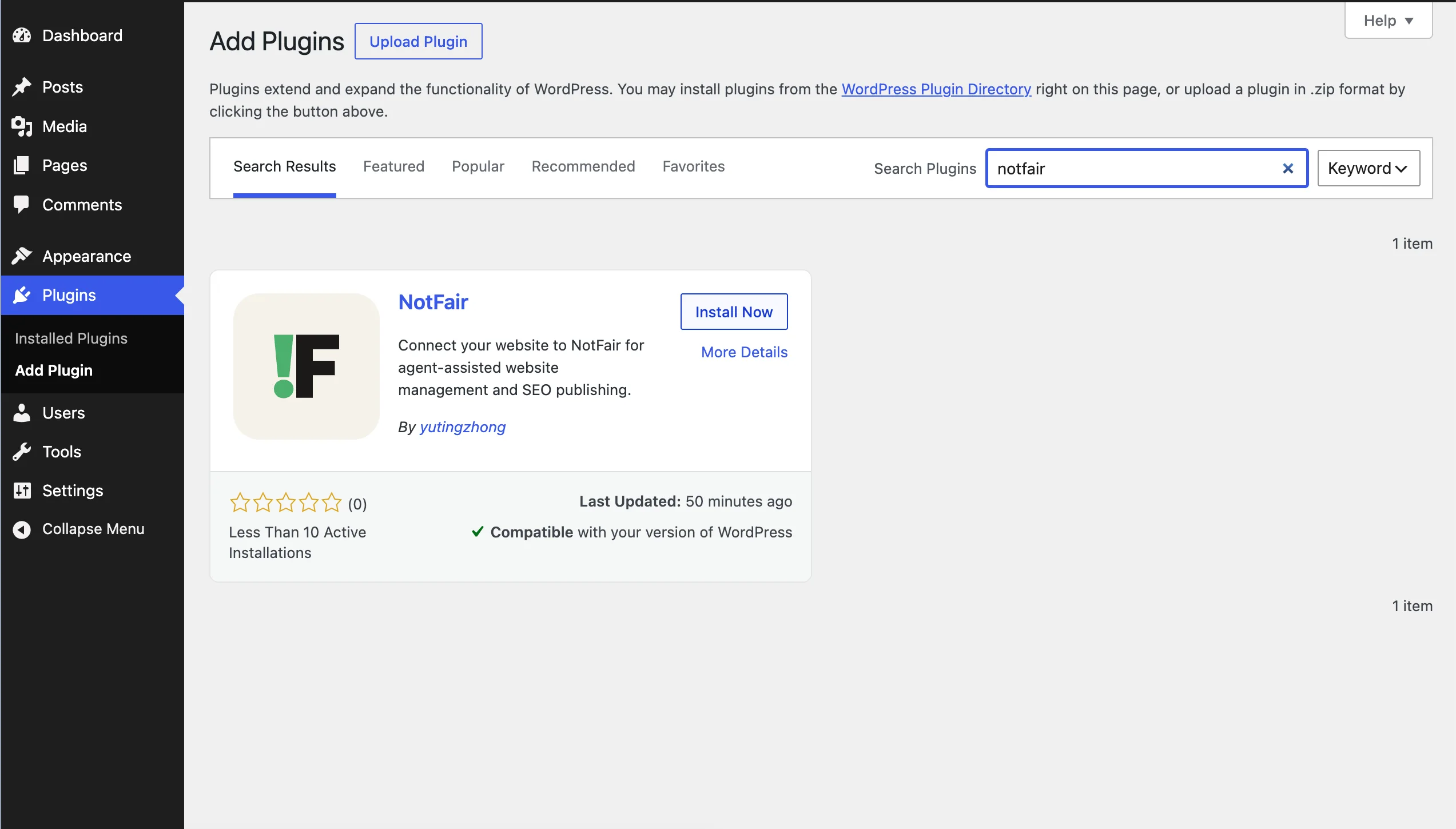 WordPress Add Plugins screen showing the NotFair plugin search result