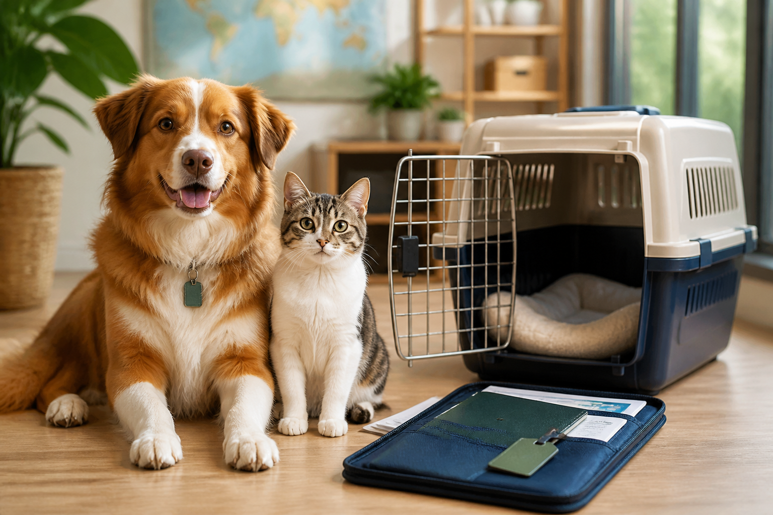 A dog and cat prepared for international relocation beside a travel crate and organized pet travel documents