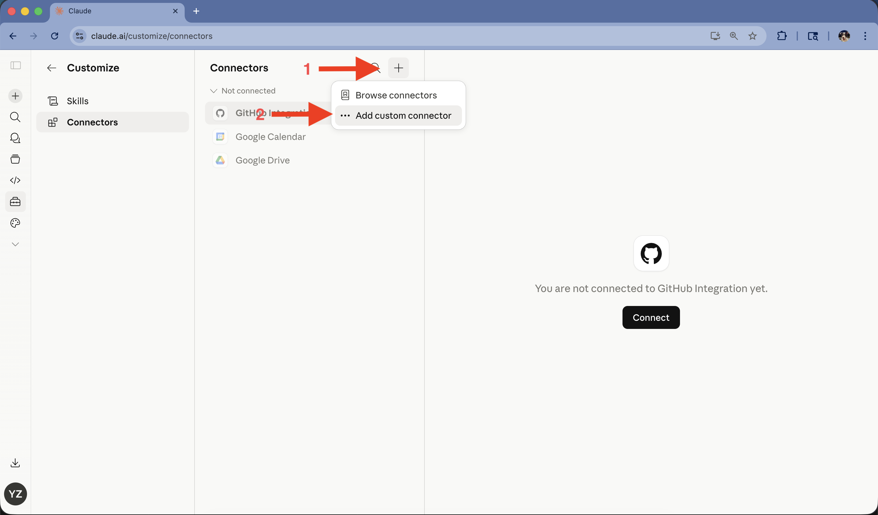 Click the plus icon in Connectors and choose Add custom connector