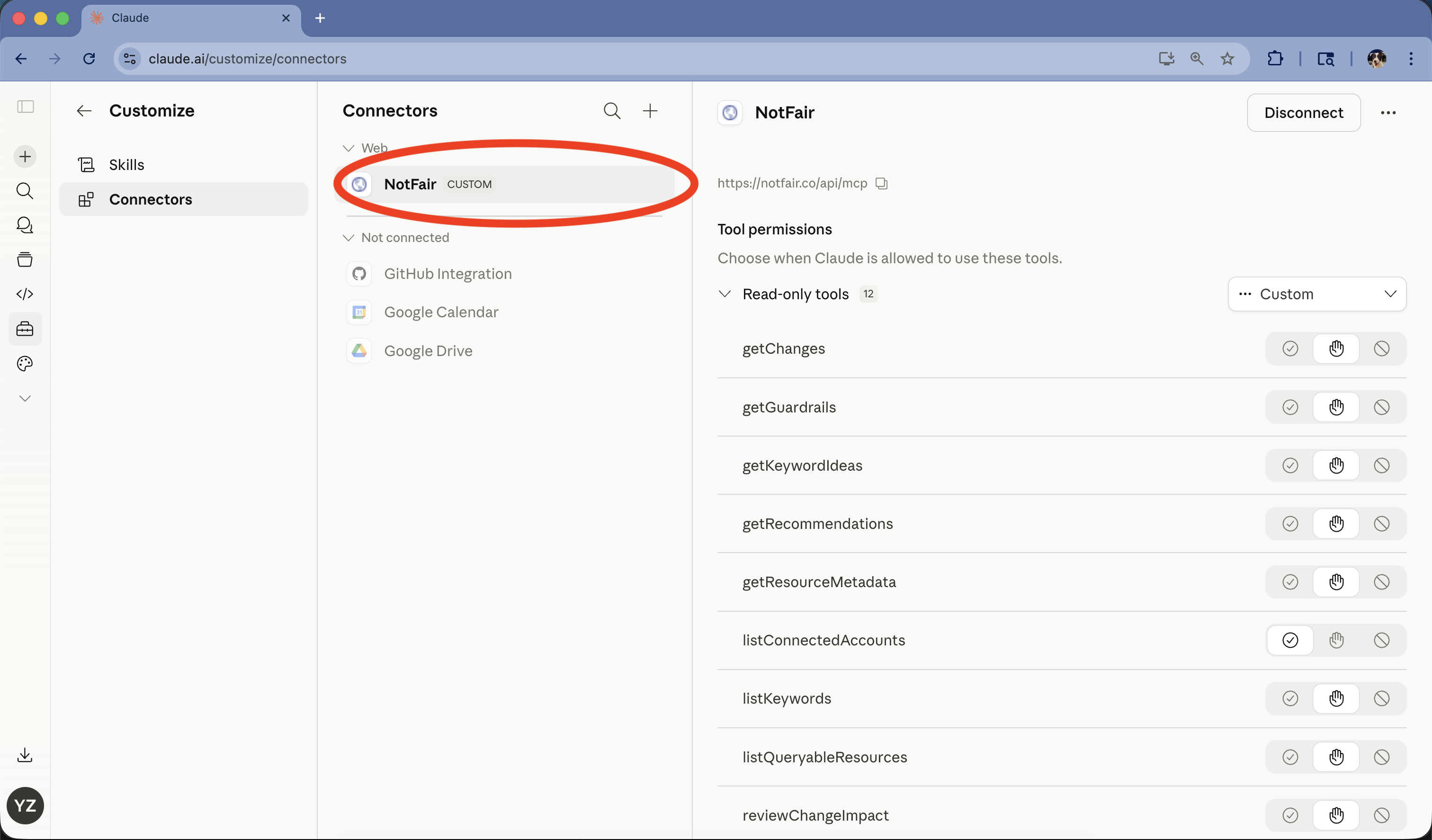 NotFair connector saved and listed under Connectors with its tool permissions