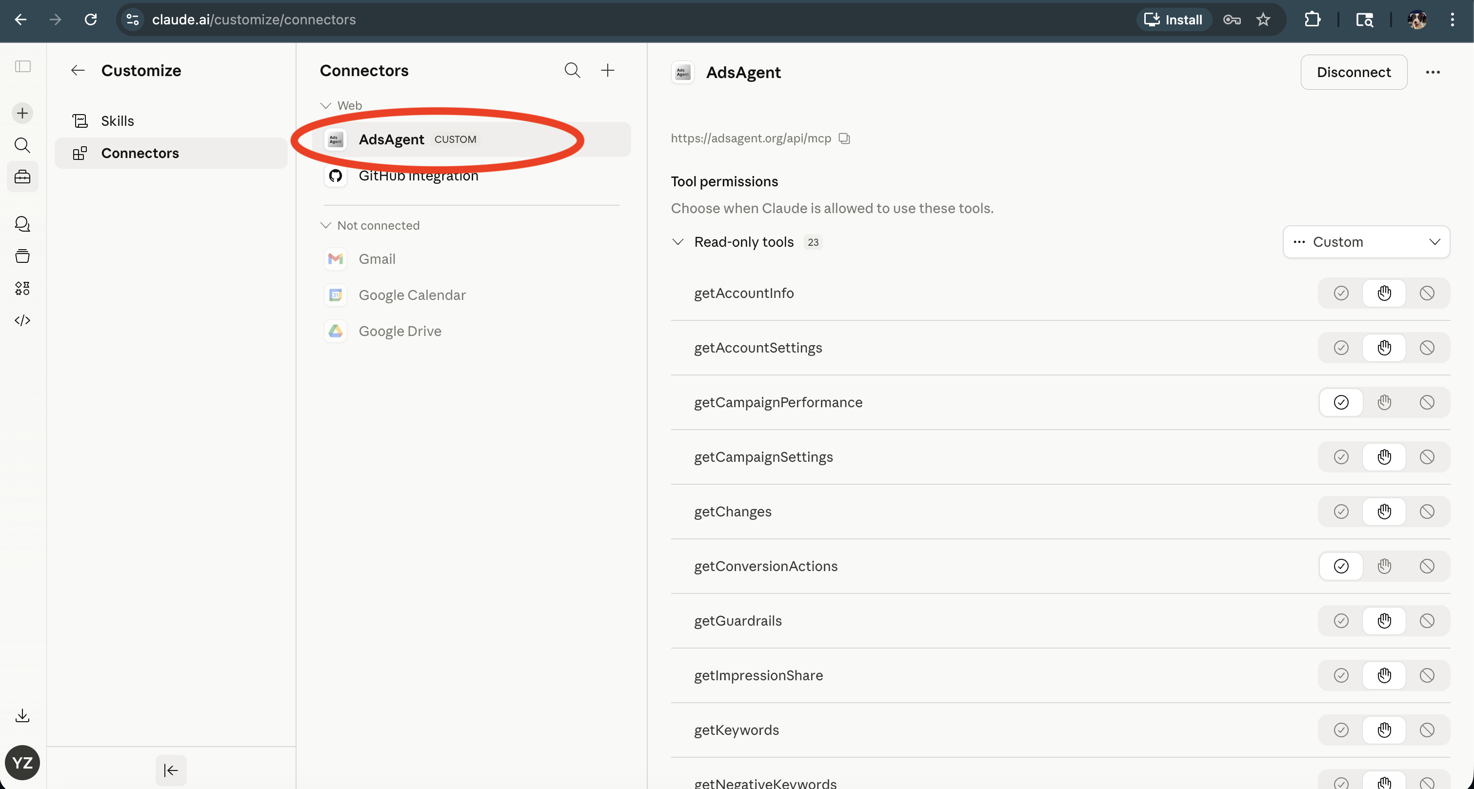 NotFair connector saved and listed under Connectors with its tool permissions