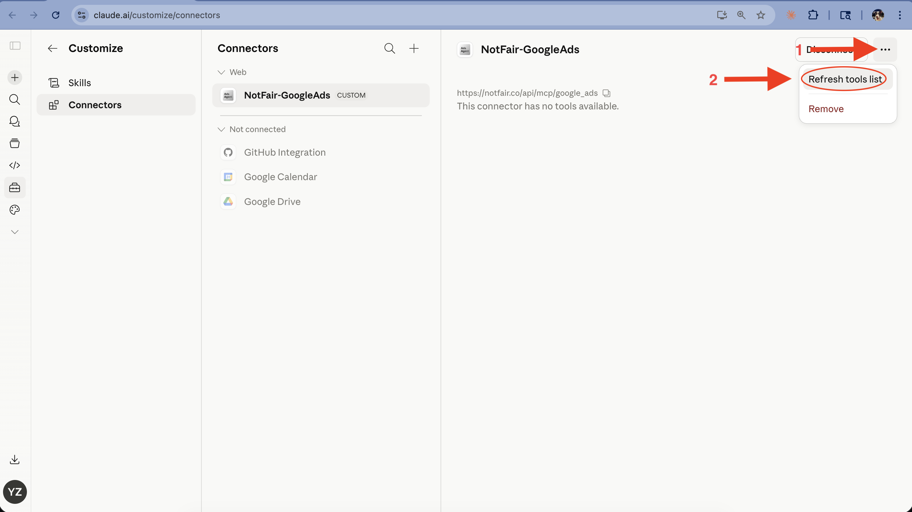 Connector menu with the Refresh tools list option highlighted