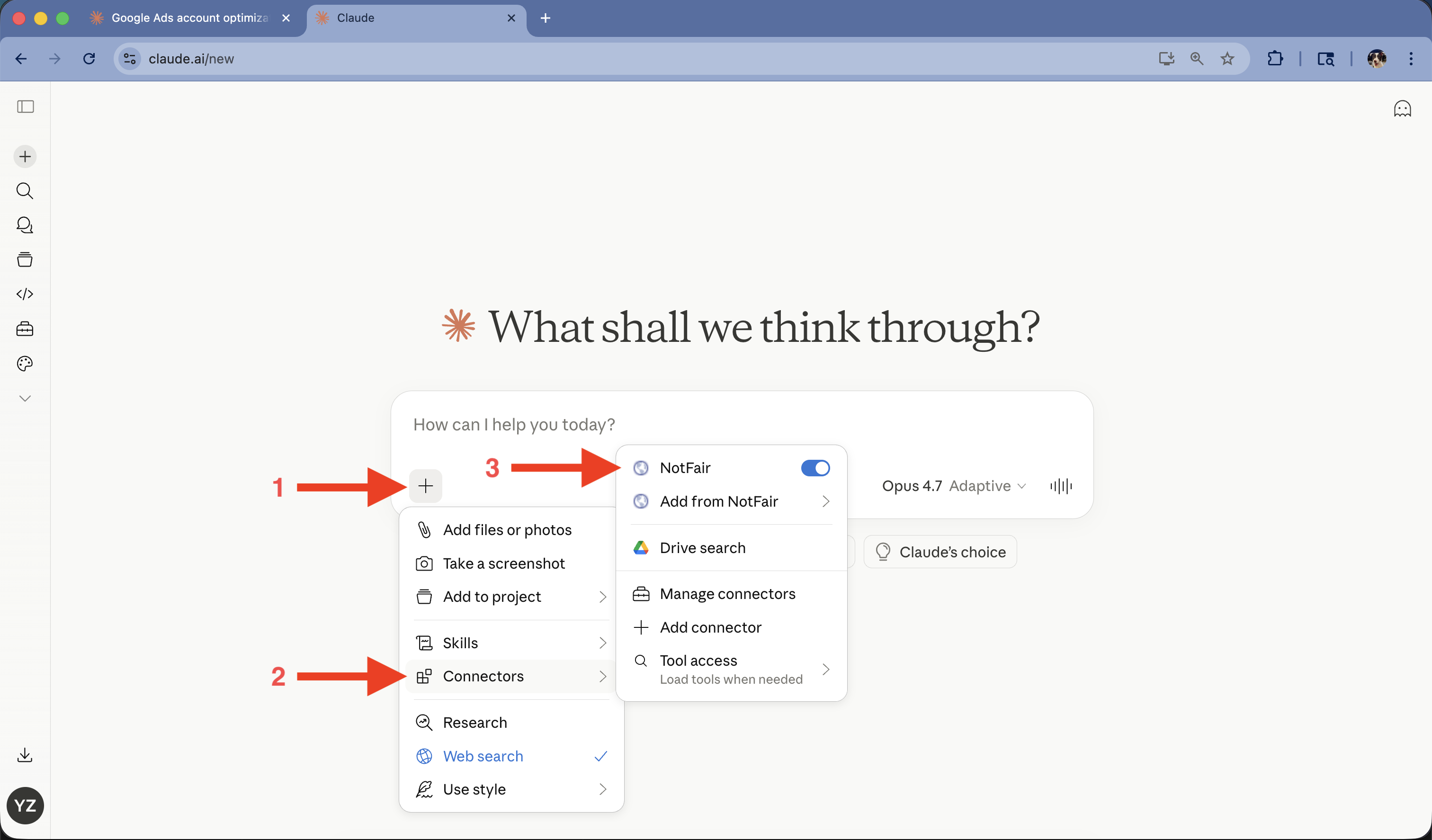 In a Claude chat, open the + menu and toggle the NotFair connector on