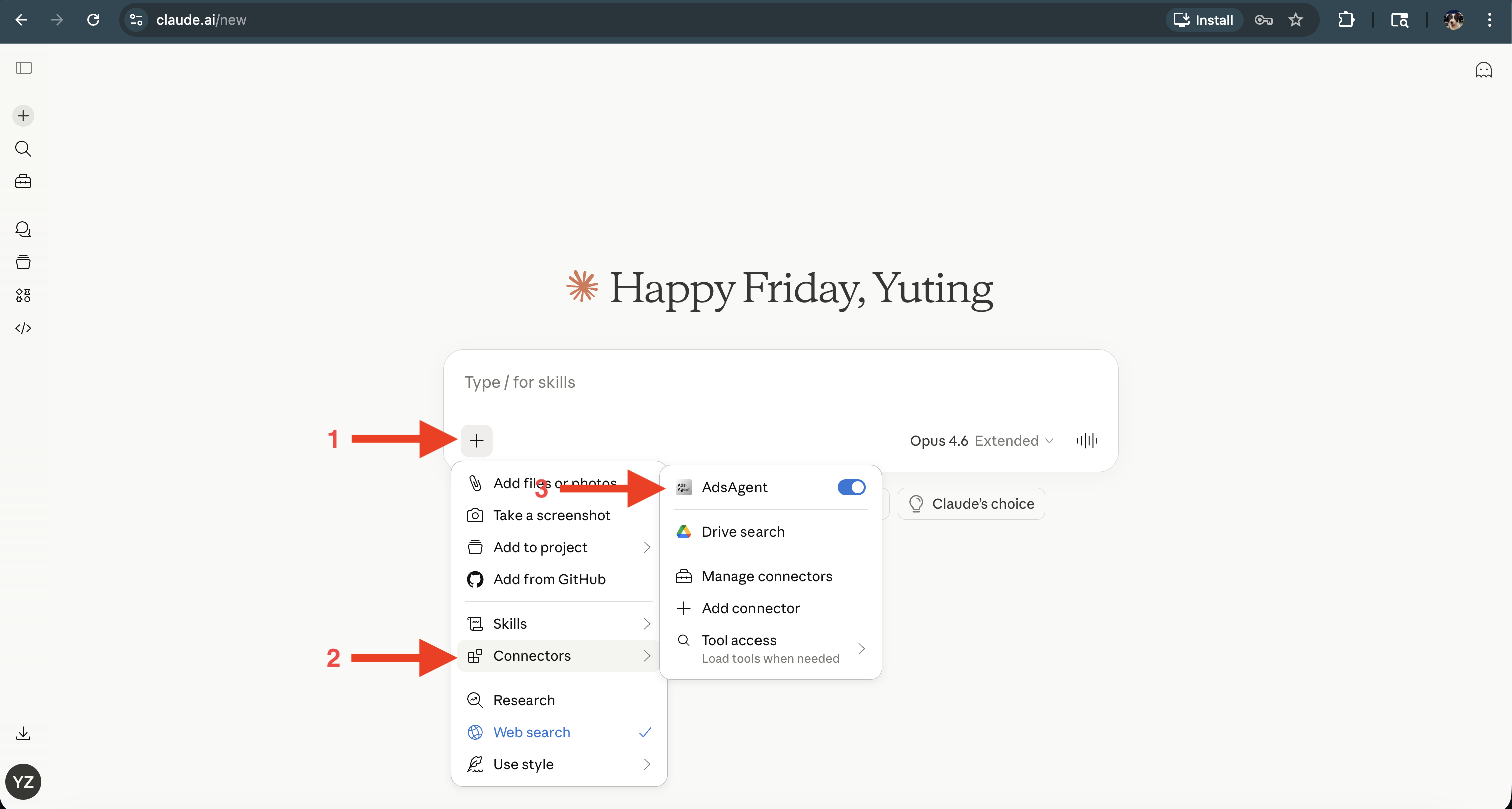 In a Claude chat, open the + menu and toggle the NotFair connector on