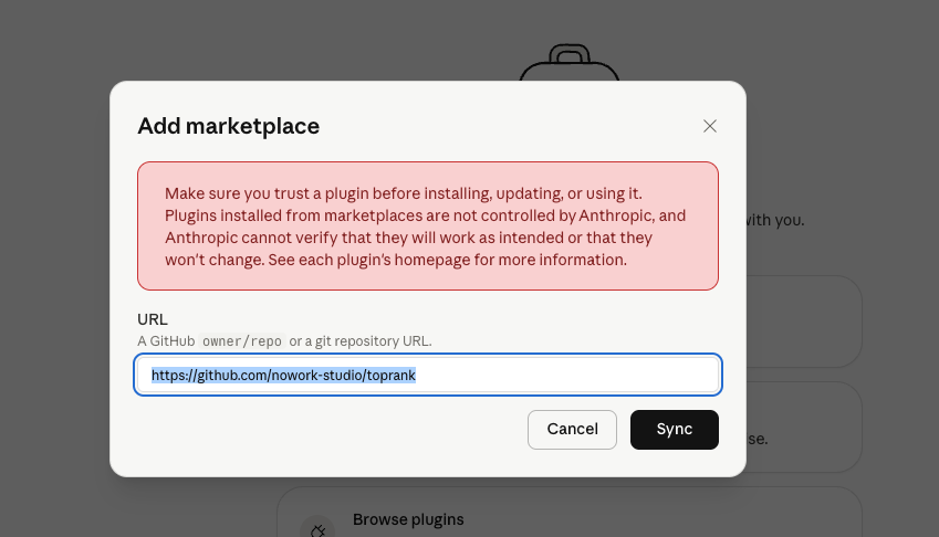 Add marketplace dialog with the toprank GitHub URL pasted, then click Sync