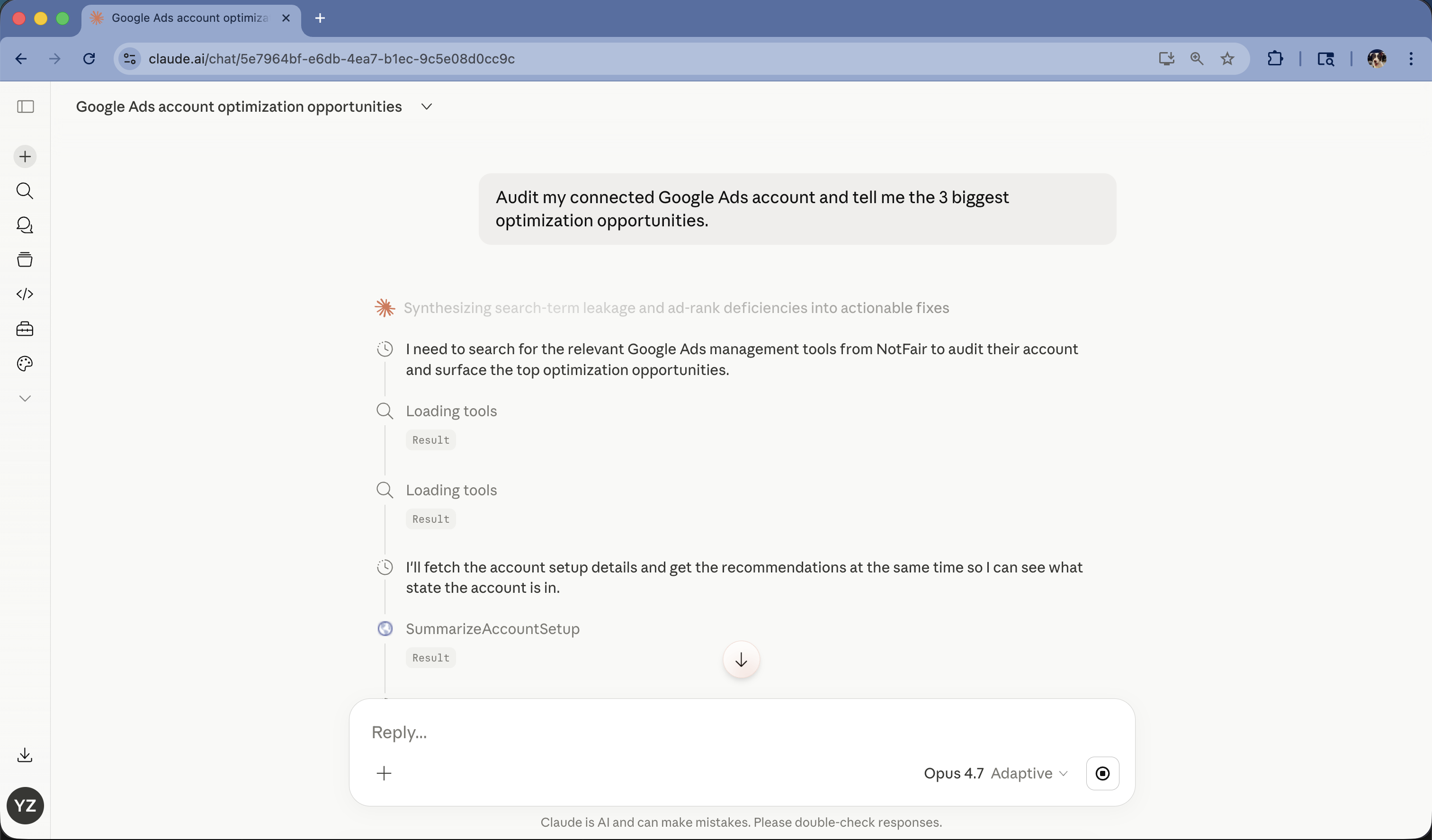 Claude using the NotFair connector to audit a advertising, analytics, and CRM account in a chat